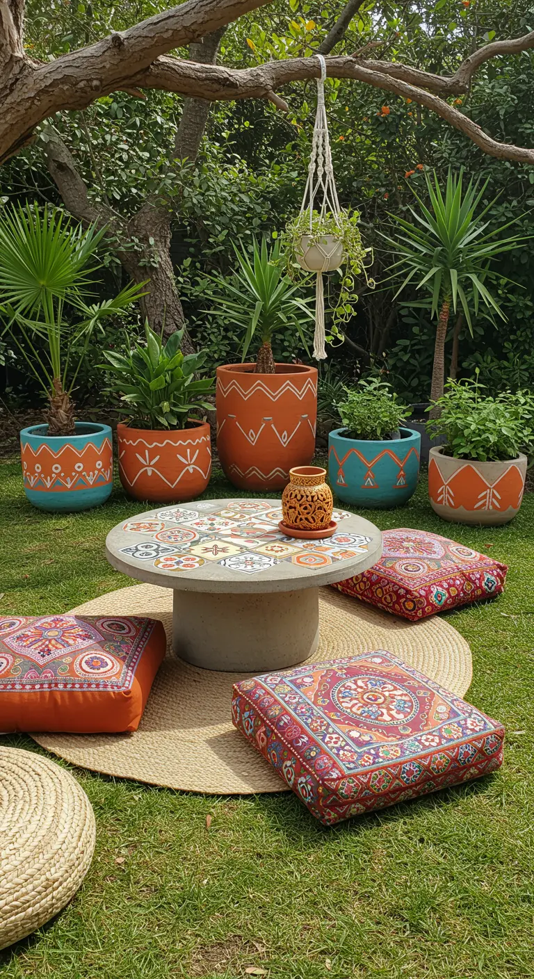 Lage ronde betonnen tafel met mozaïek, omringd door kussens en planten in boho-stijl.