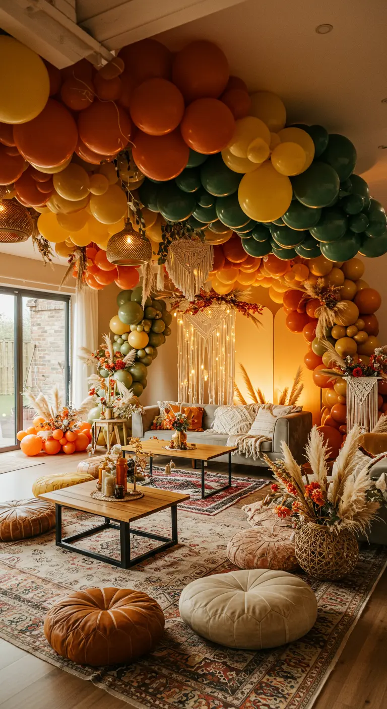 Woonkamer in warme aardetinten met grote ballonwolken en pampasgras, sfeervolle verlichting.