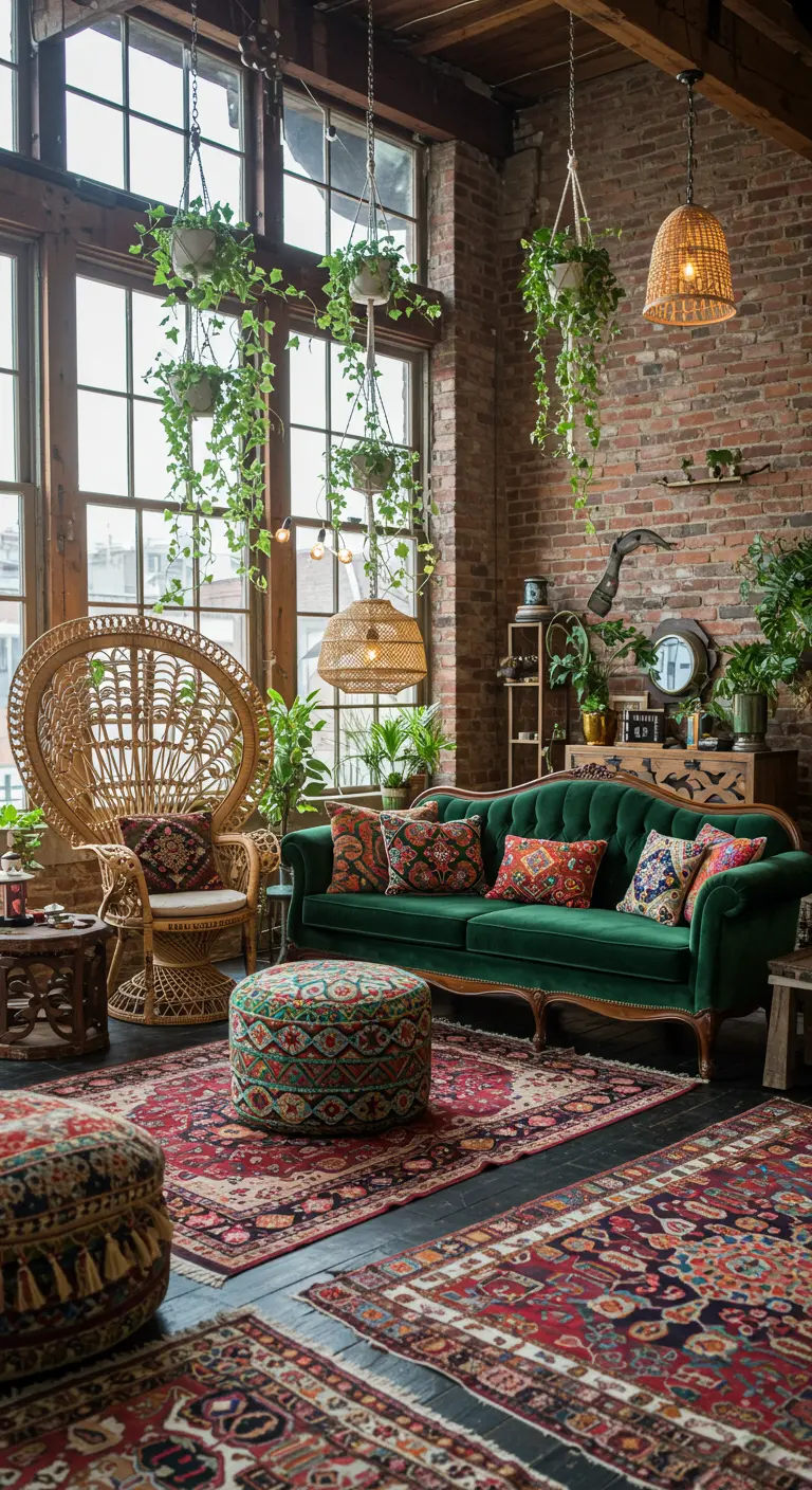 Bohemian woonkamer met rotan pauwenstoel, smaragdgroene bank en hangplanten.