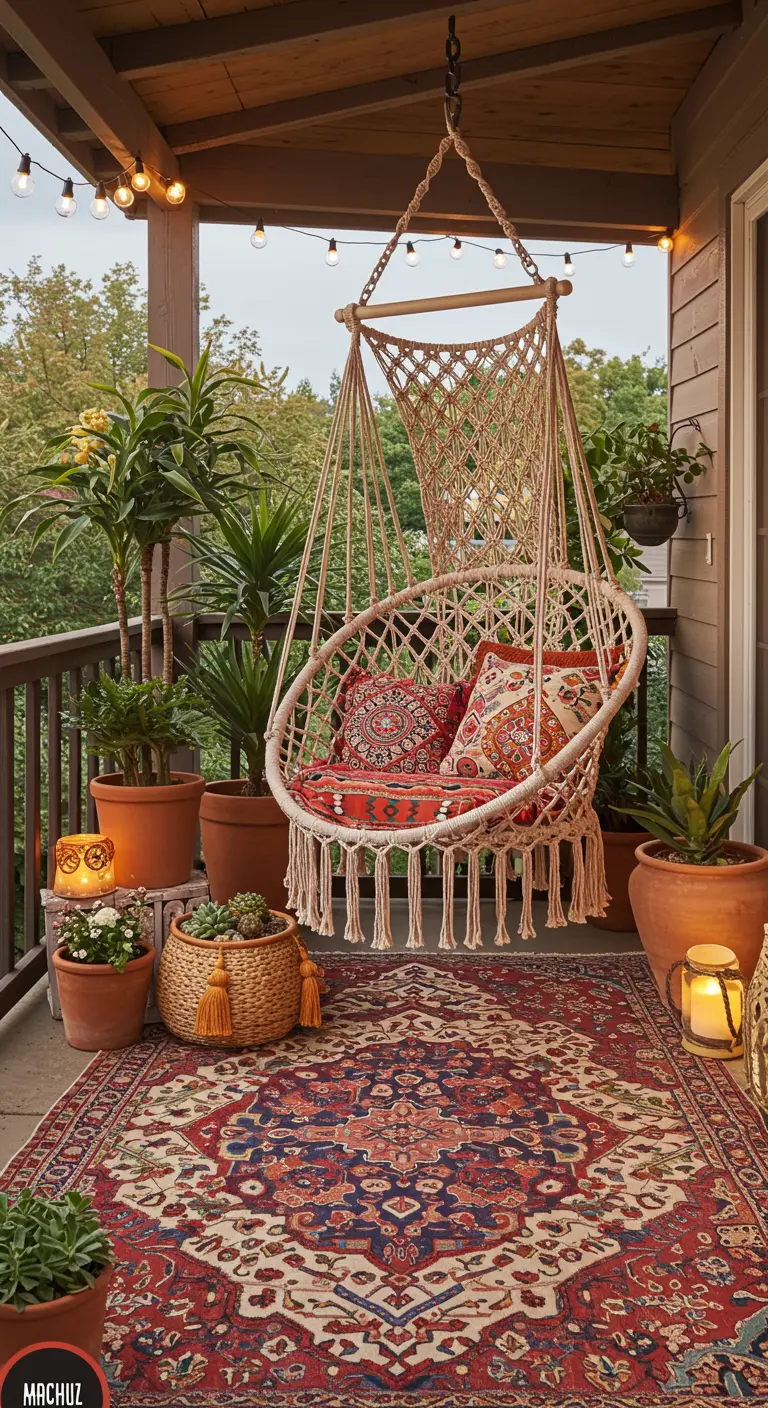 Macramé hangstoel met kleurrijke kussens op een veranda vol planten en een Perzisch tapijt.