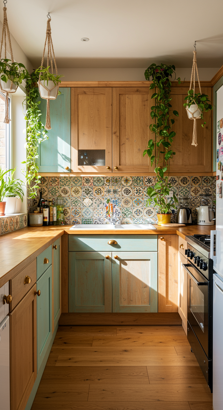 Keuken met houten en turquoise kasten, patroontegels en hangplanten.