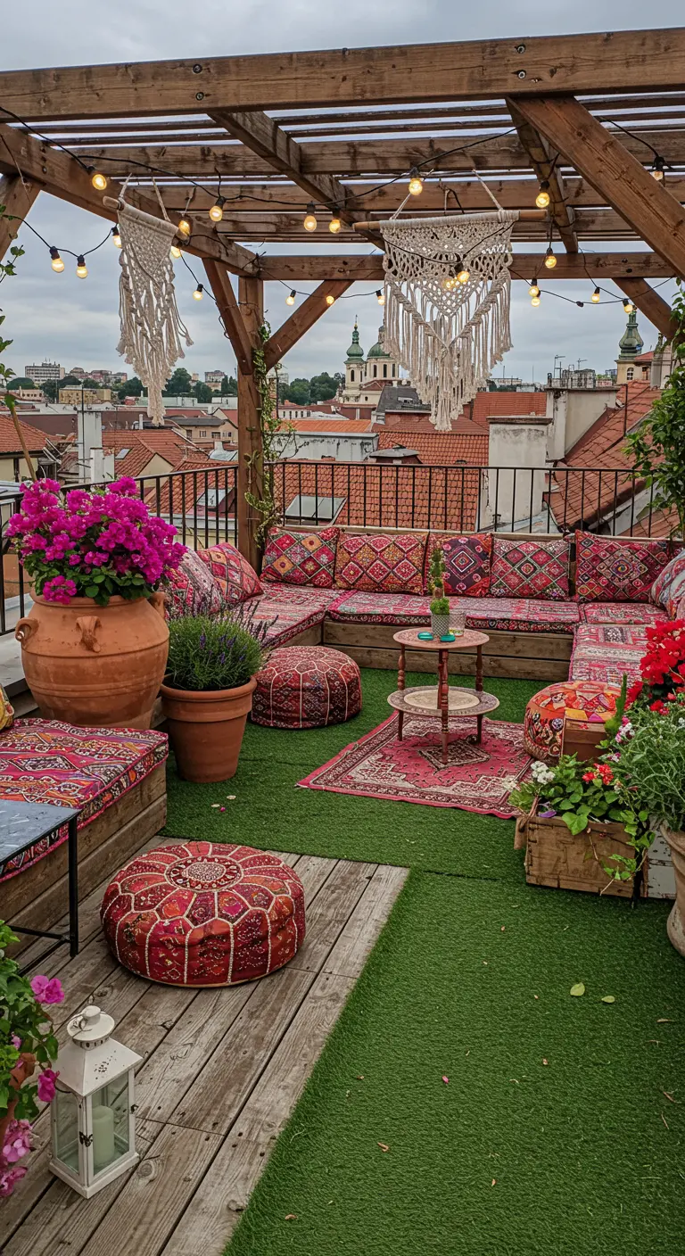 Levendige bohemien daktuin met houten pergola, kunstgras, kleurrijke kussens en macramé decor.