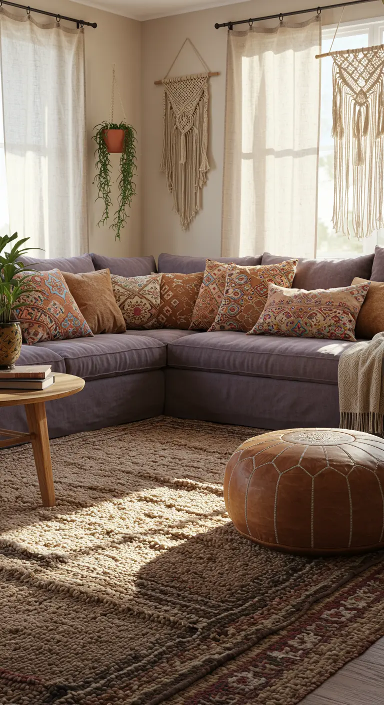 Boho woonkamer met lavendel bank, aardetinten kussens, macramé, jute kleed, lederen poef.