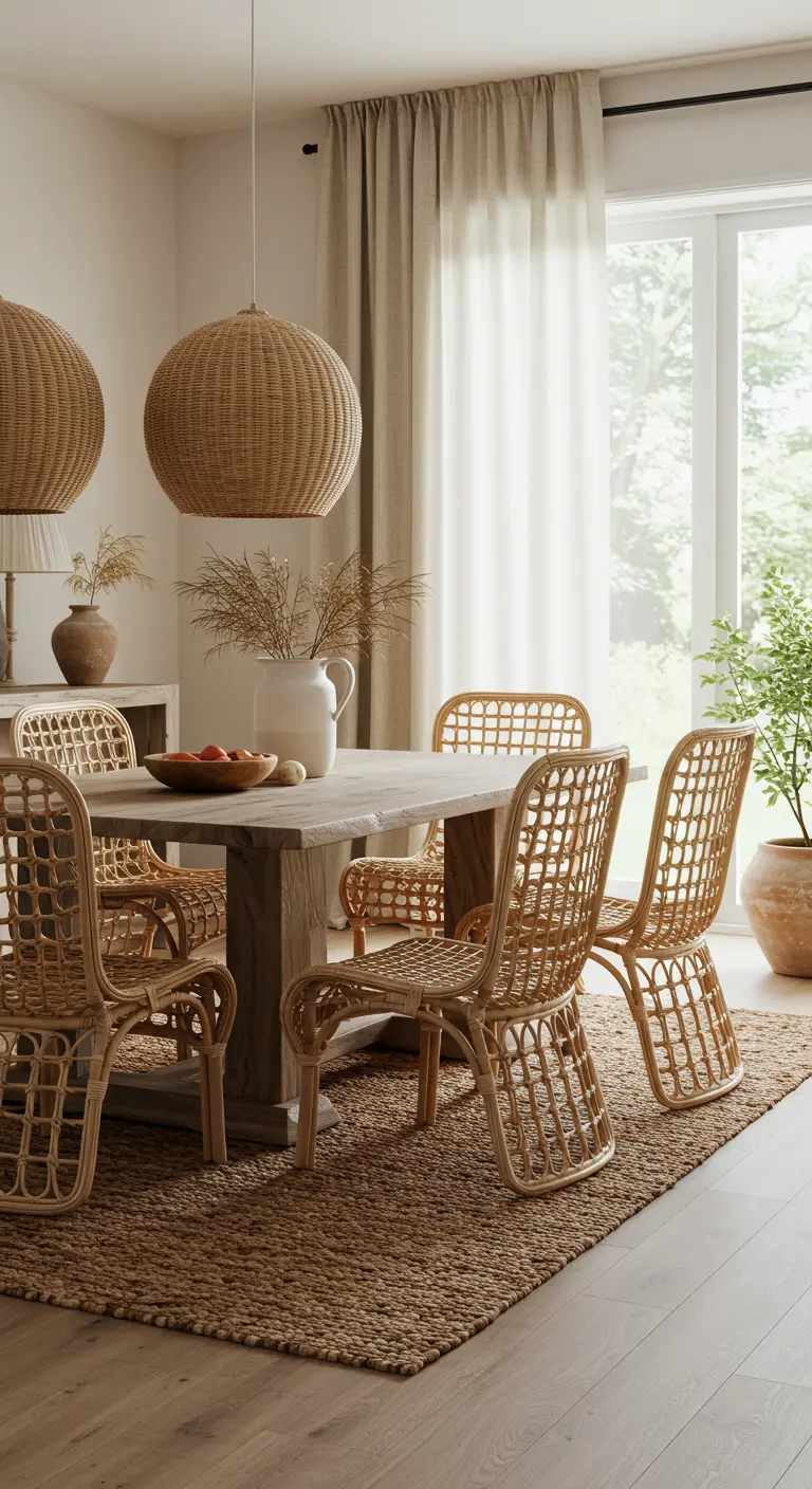 Lichte eetkamer met rotan stoelen, houten tafel, jute vloerkleed en grote rotan lampen.