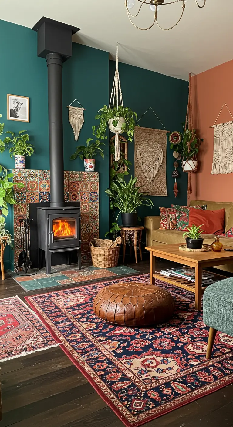 Zwarte houtkachel in bohemian interieur met donkergroene muur, planten en patronen.