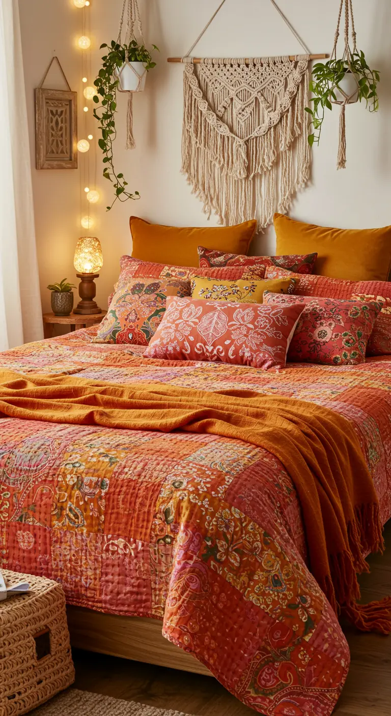 Boho slaapkamer met oranje en rood beddengoed, macramé wandhanger en lichtslingers.