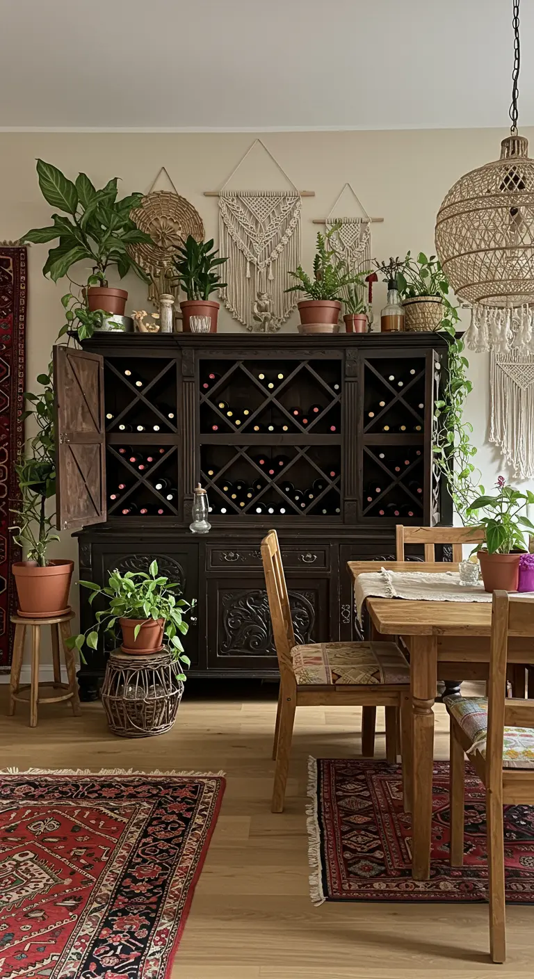 Donkerhouten kast met wijnvakken in een boho-stijl eetkamer, omringd door veel planten en macramé.