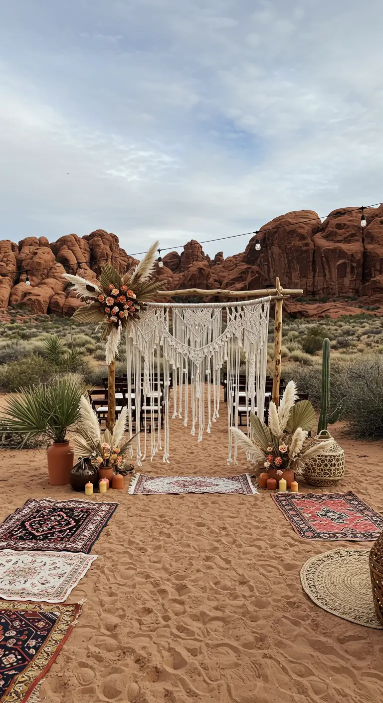 Boho entree in de woestijn met macramé, pampasgras, aardewerk en vintage tapijten.