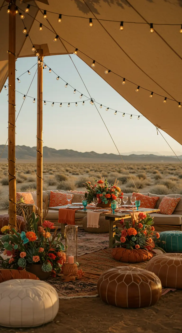 Boho loungehoek in de woestijn met lage tafels, kleurrijke kussens en lichtslingers