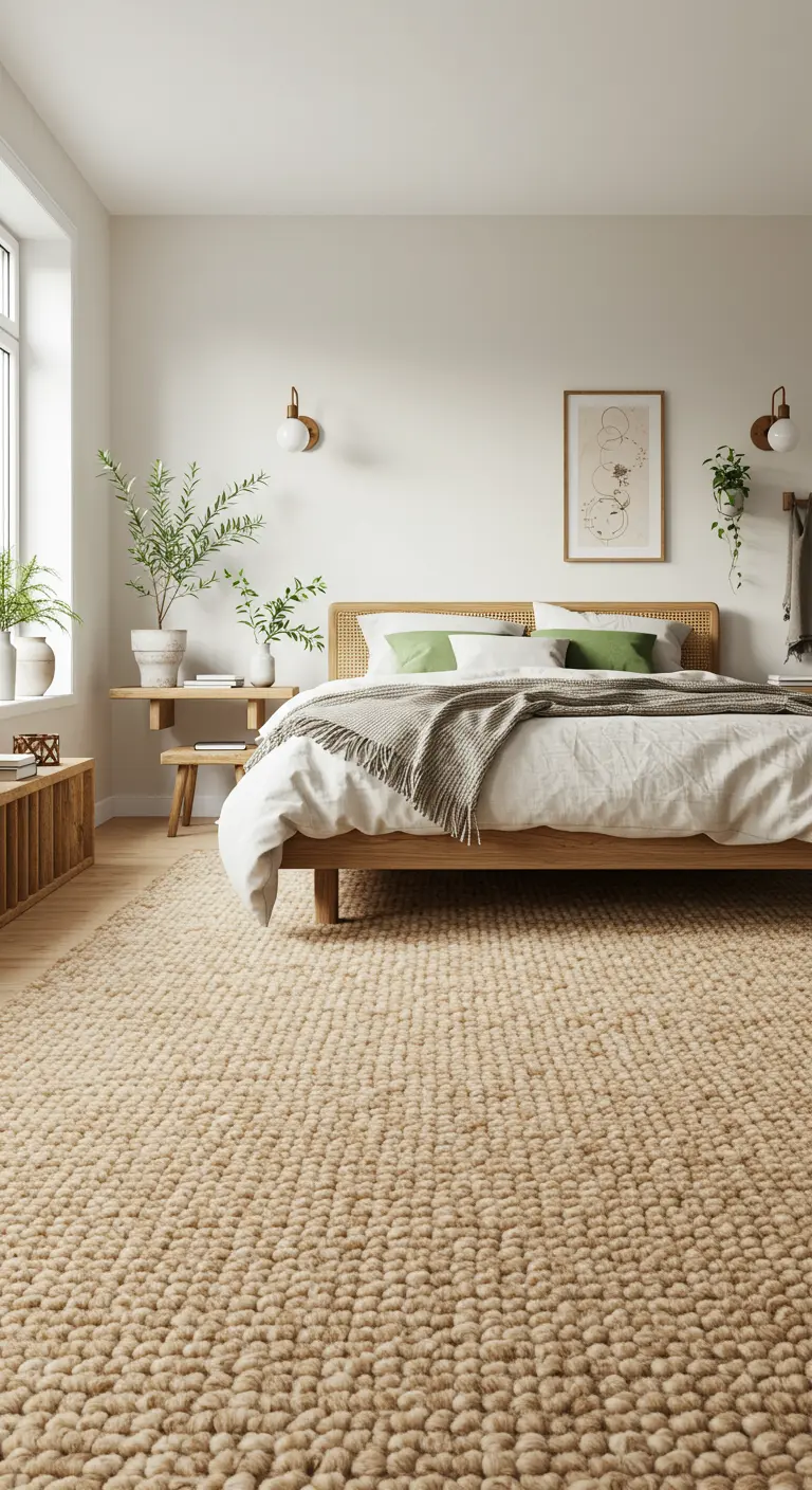 Lichte slaapkamer met een rond jute bolletjestapijt en veel planten.
