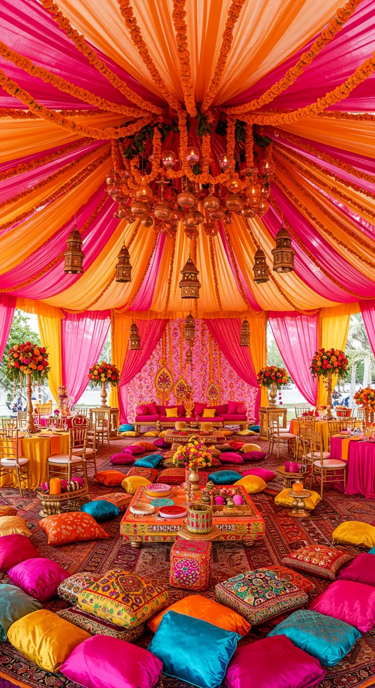 Kleurrijke Indiase bruiloftssetting met fuchsia en oranje draperieën, kussens en gouden details.