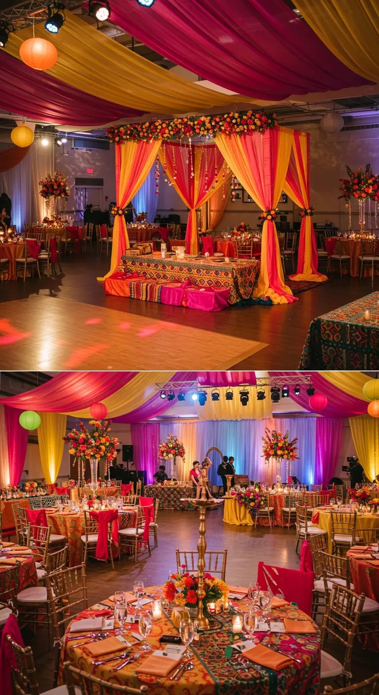 Kleurrijke Bollywood-thema bruiloftdecoratie met draperieën, bloemen en goud.