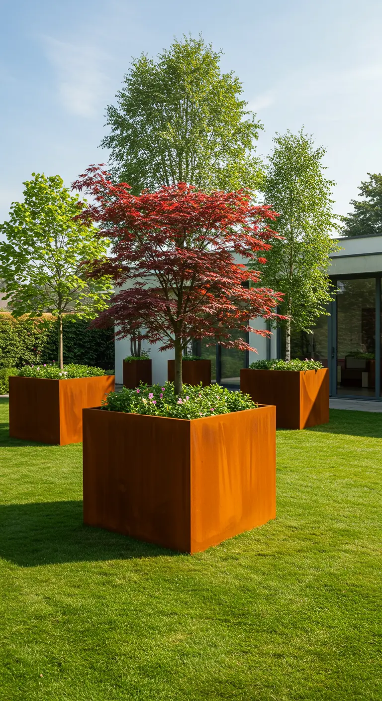 Grote vierkante cortenstalen plantenbakken met bomen op een gazon.