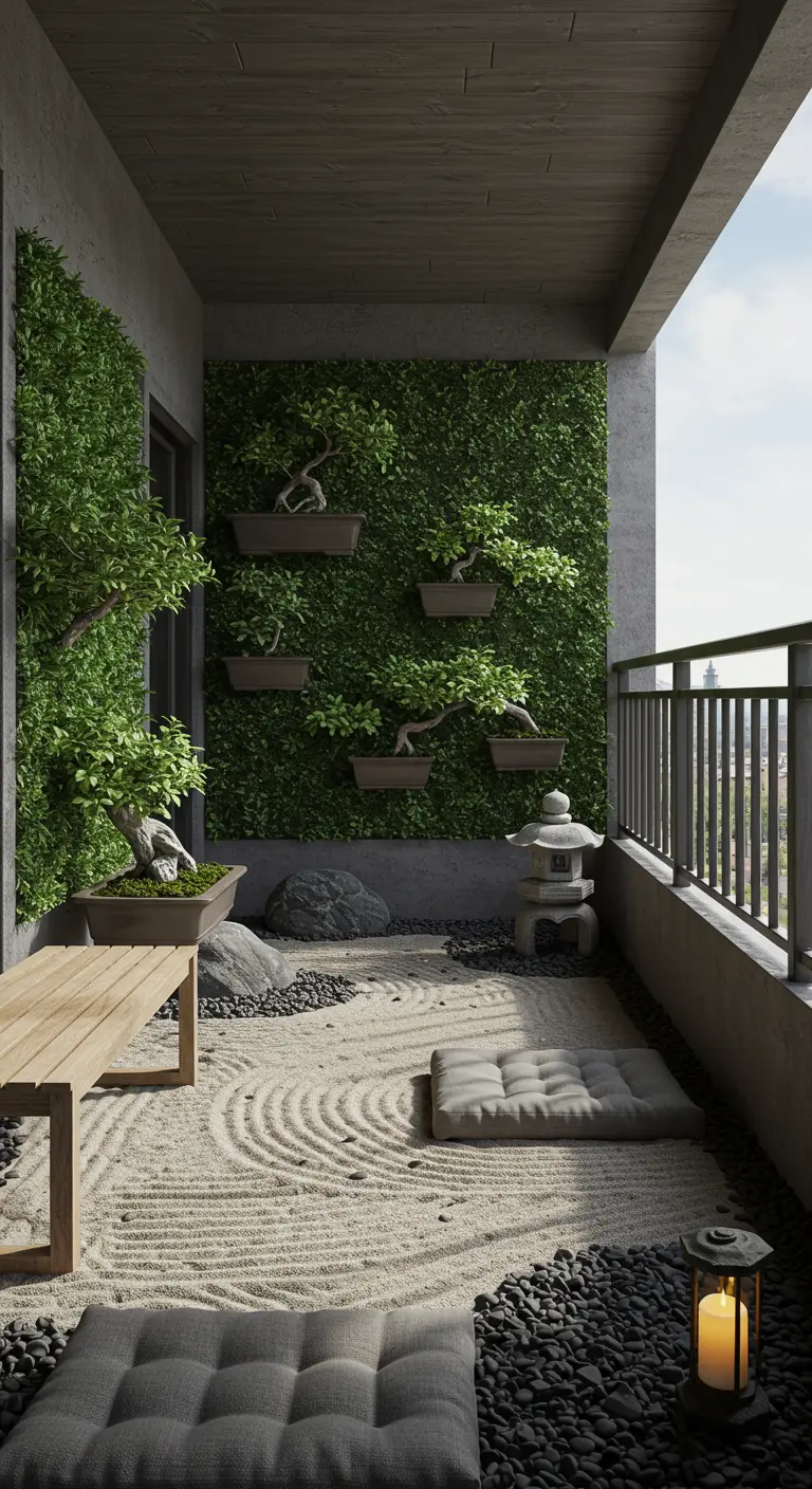 Zen-balkon met bonsai bomen op een groene wand, een zandtuin met harkpatronen en een houten bank.