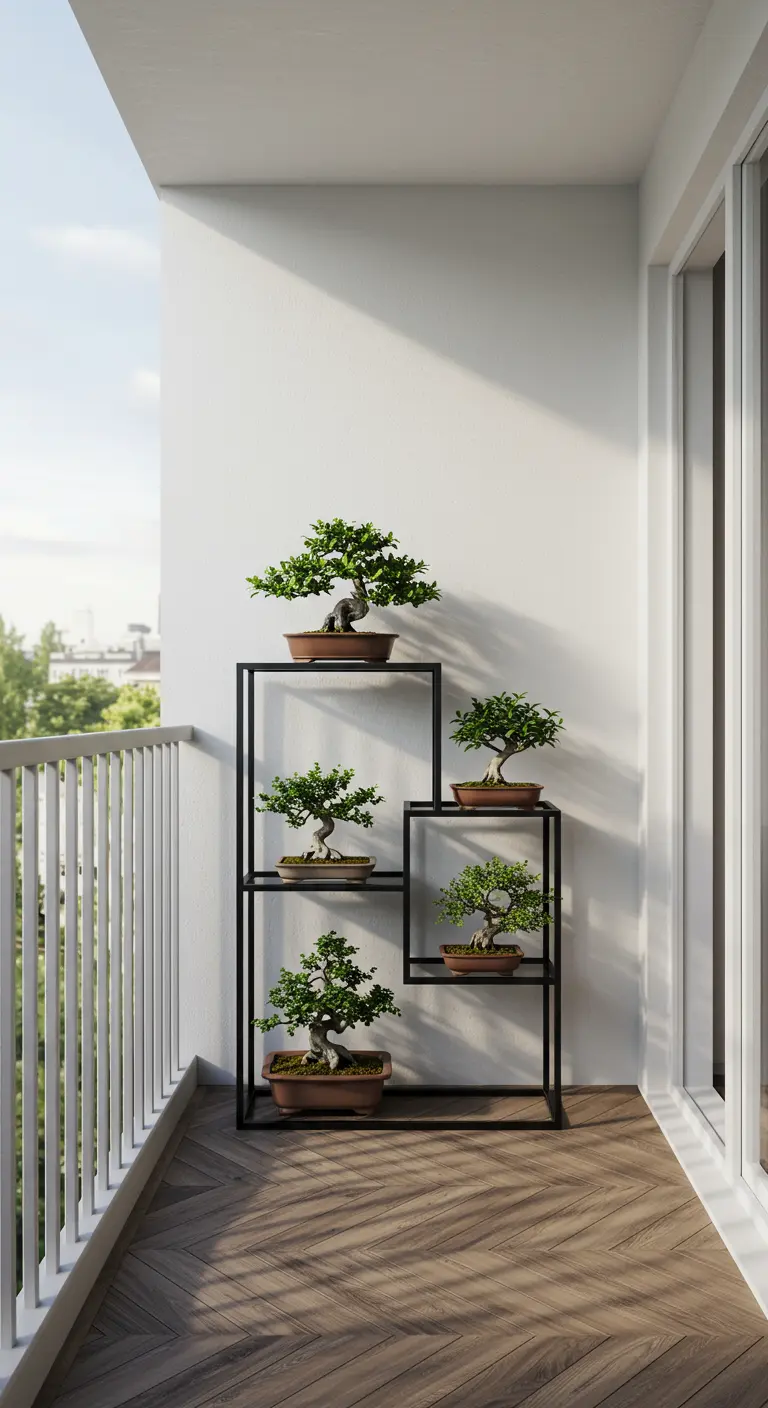 Zwart metalen minimalistisch plantenrek op balkon met vier bonsai boompjes.