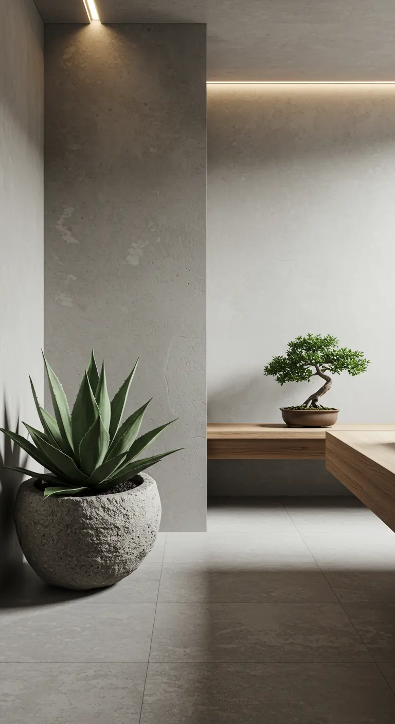 Minimalistische badkamer met grijze muren, bonsai op houten plank en grote agave plant