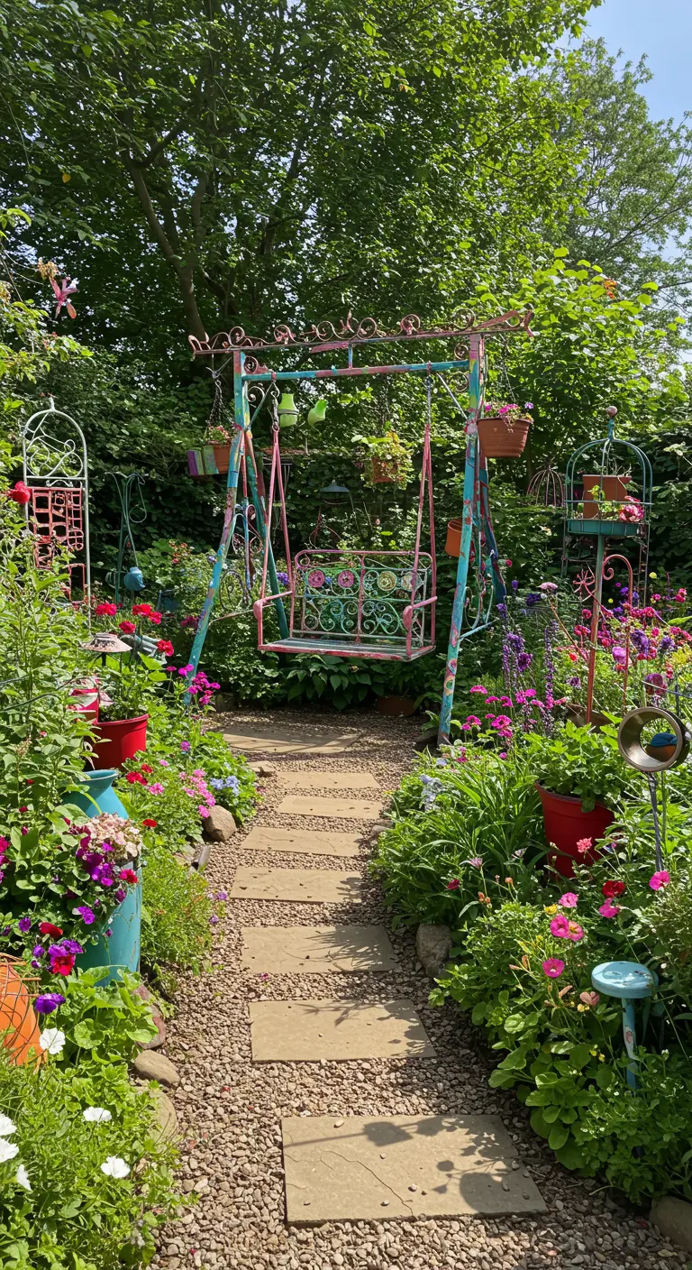 Kleurrijk geverfde metalen schommelbank in een tuin vol bonte bloemen.
