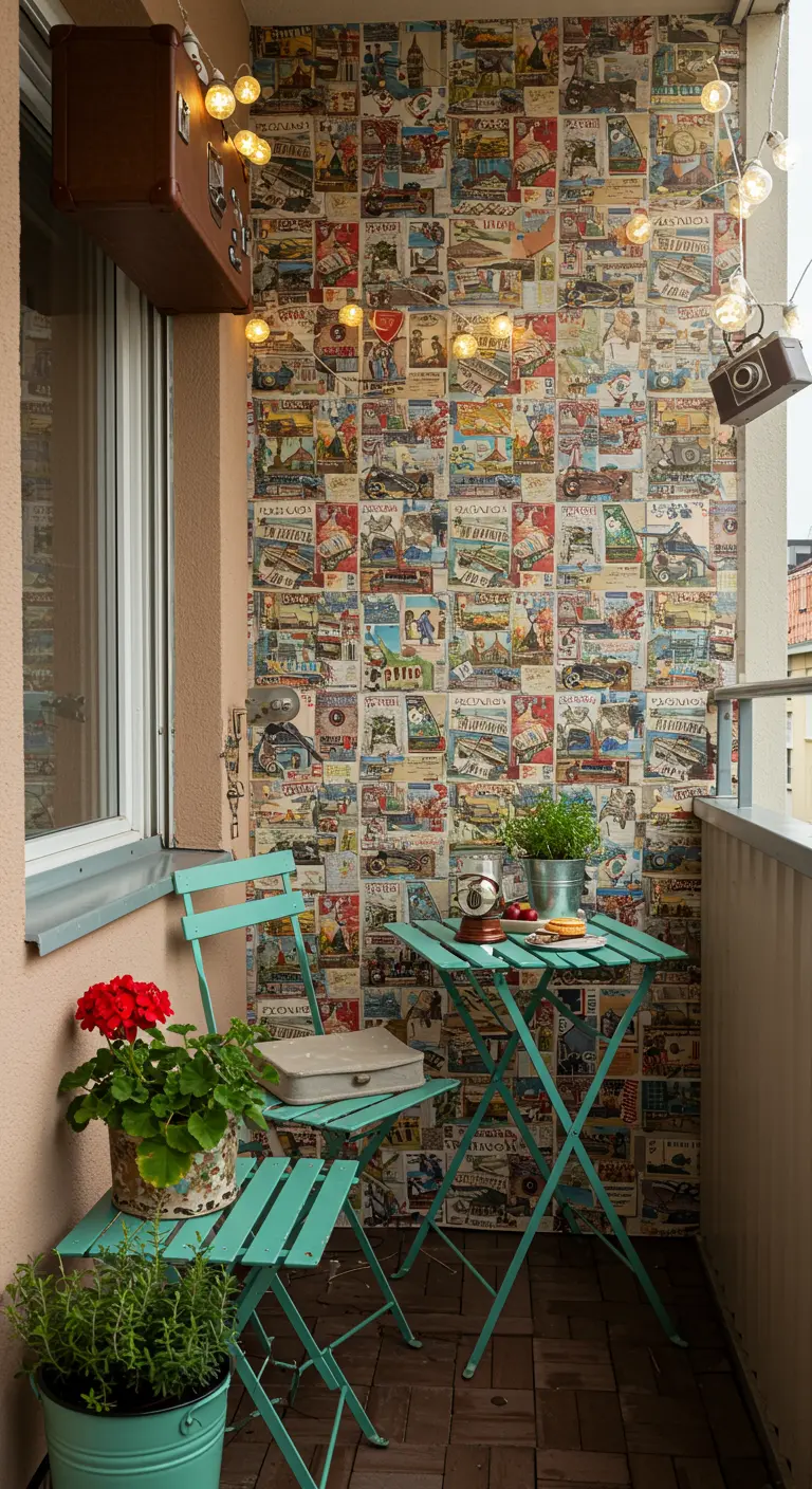 Balkon met buitenbehang van vintage reismotieven, bistroset en lichtslingers.