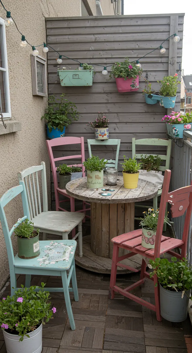 Balkon met verschillende geschilderde stoelen, een kabelhaspel als tafel en hangende planten.