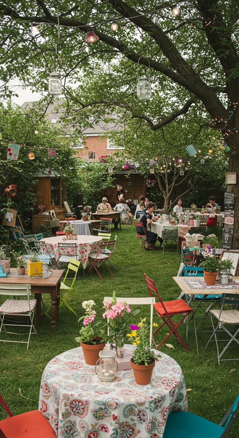 Bonte tuin met diverse kleine tafels, stoelen en kleurrijke decoraties.