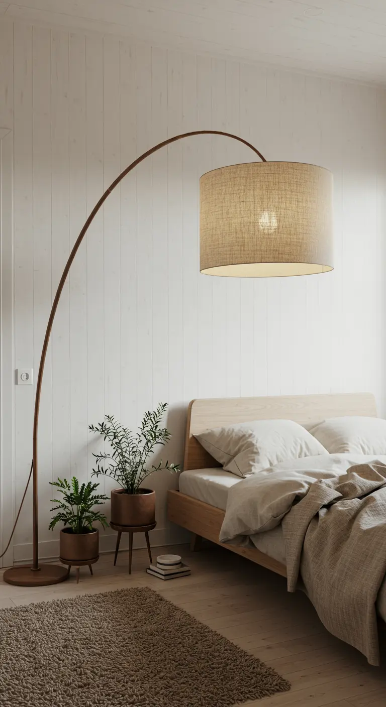 Minimalistische slaapkamer met een grote booglamp naast het bed.