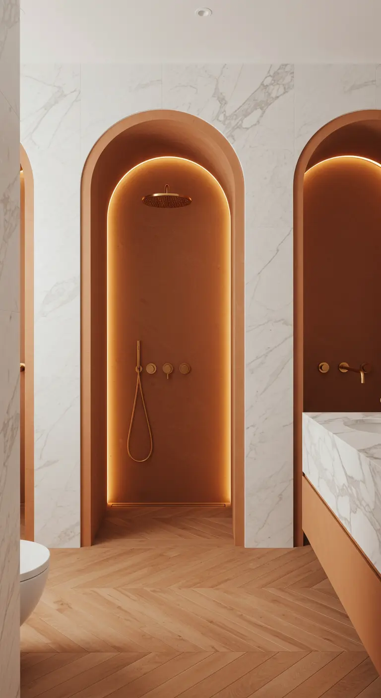 Terracotta badkamer met boogvormige nissen, verborgen LED-verlichting, marmeren wanden.