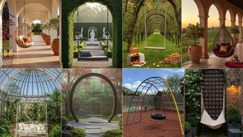 Boogvormige schommels: creatieve combinaties van hangstoelen, tuinschommels en speeltoestellen met een boog.