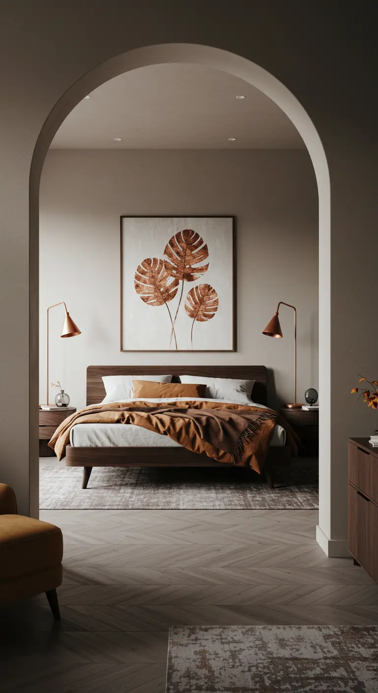 Slaapkamer met boog, houten bed, koperkleurig bladkunstwerk en koperen tafellampen.