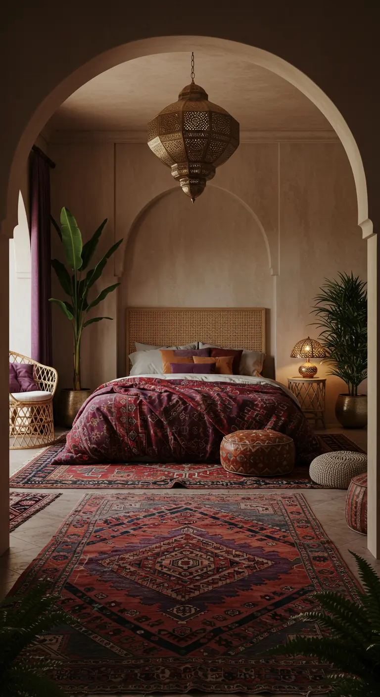 Slaapkamer met boogvormige doorgang, Marokkaanse lamp, rotan bed en Perzische tapijten.