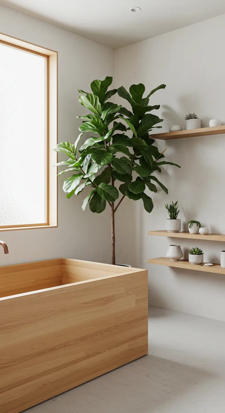 Moderne badkamer met hoge Ficus Lyrata en houten bad en planken