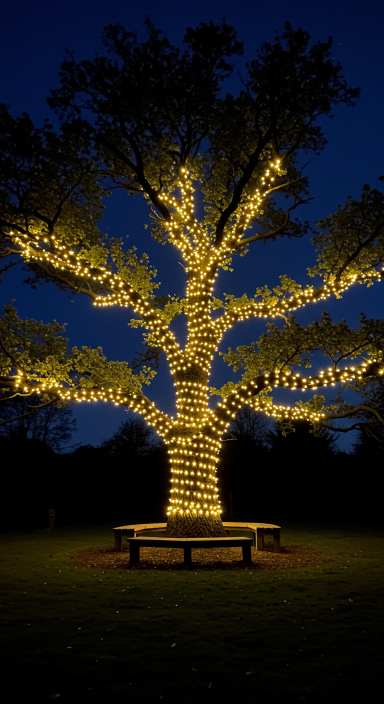 Grote boom 's nachts, volledig omwikkeld met warme lichtsnoeren.