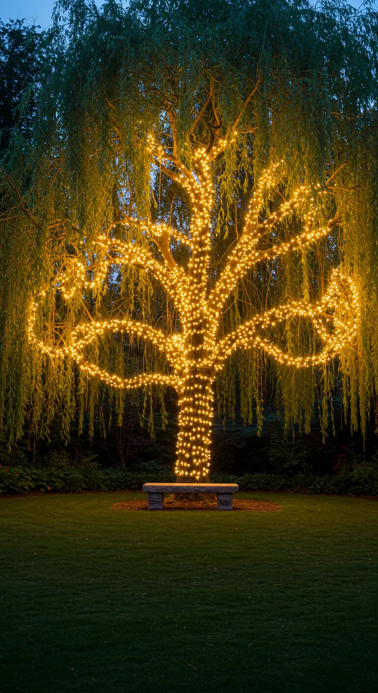 Een grote, majestueuze treurwilg volledig bedekt met een dicht netwerk van warme fairy lights.