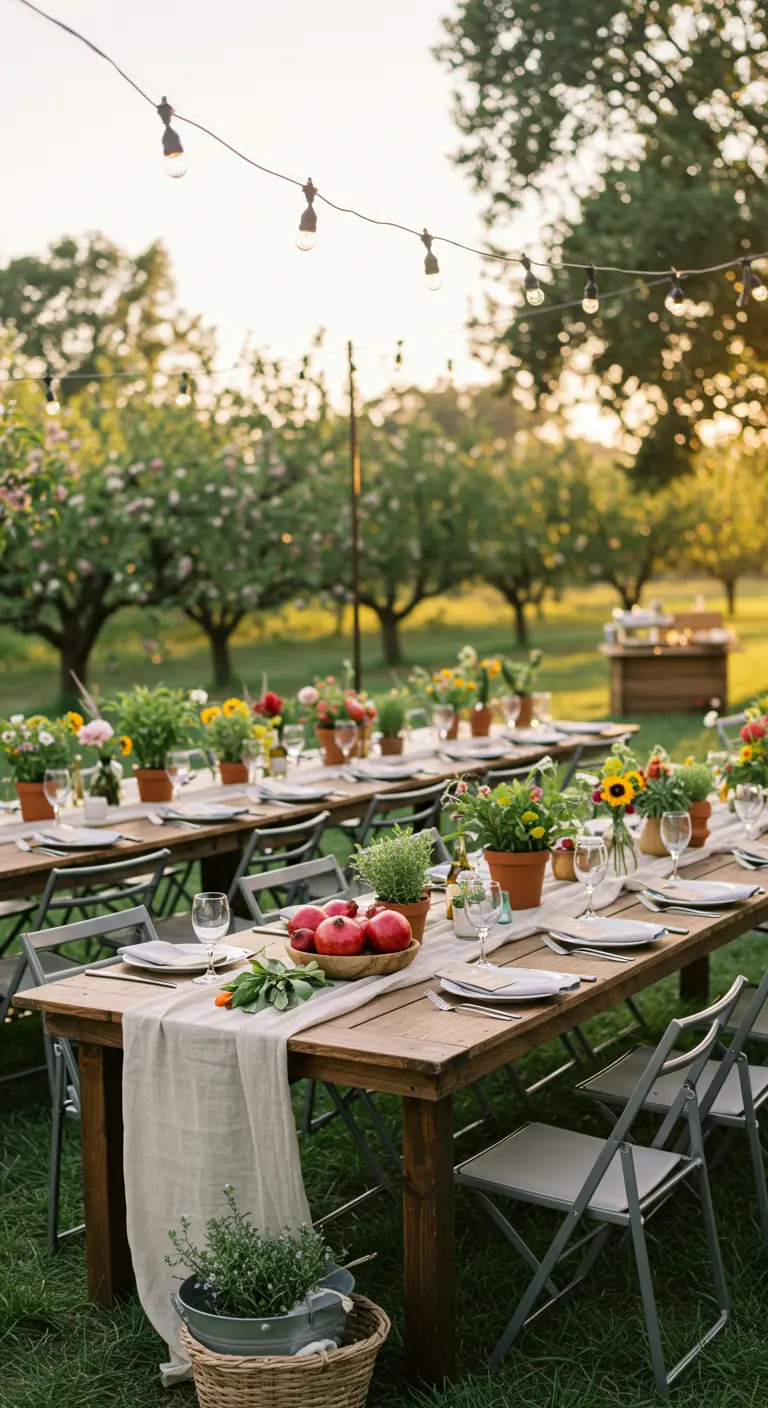 Langwerpige dinertafels in een boomgaard, versierd met potplanten, fruit en lichtslingers.