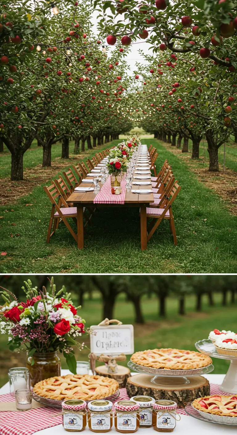 Bruiloftsdiner in een appelboomgaard met huisgemaakte jam als bedankjes en appeltaarten.