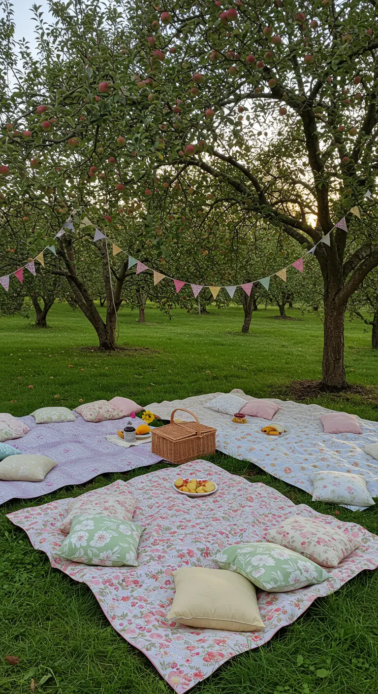 Picknickkleden met kussens en een picknickmand uitgespreid op het gras in een boomgaard met vlaggenlijn.
