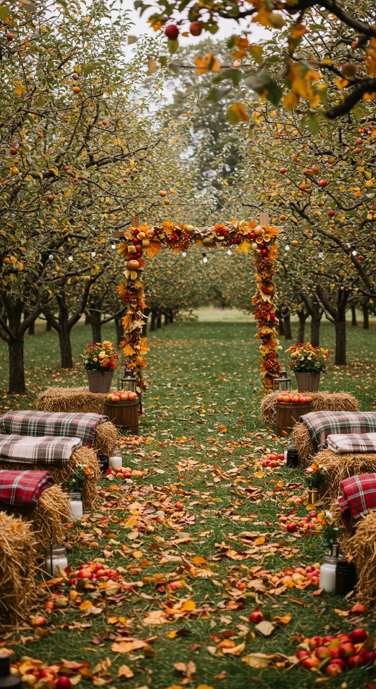 Herfstceremonie in boomgaard met boog versierd met fruit en bladeren, hooibalen met dekens.