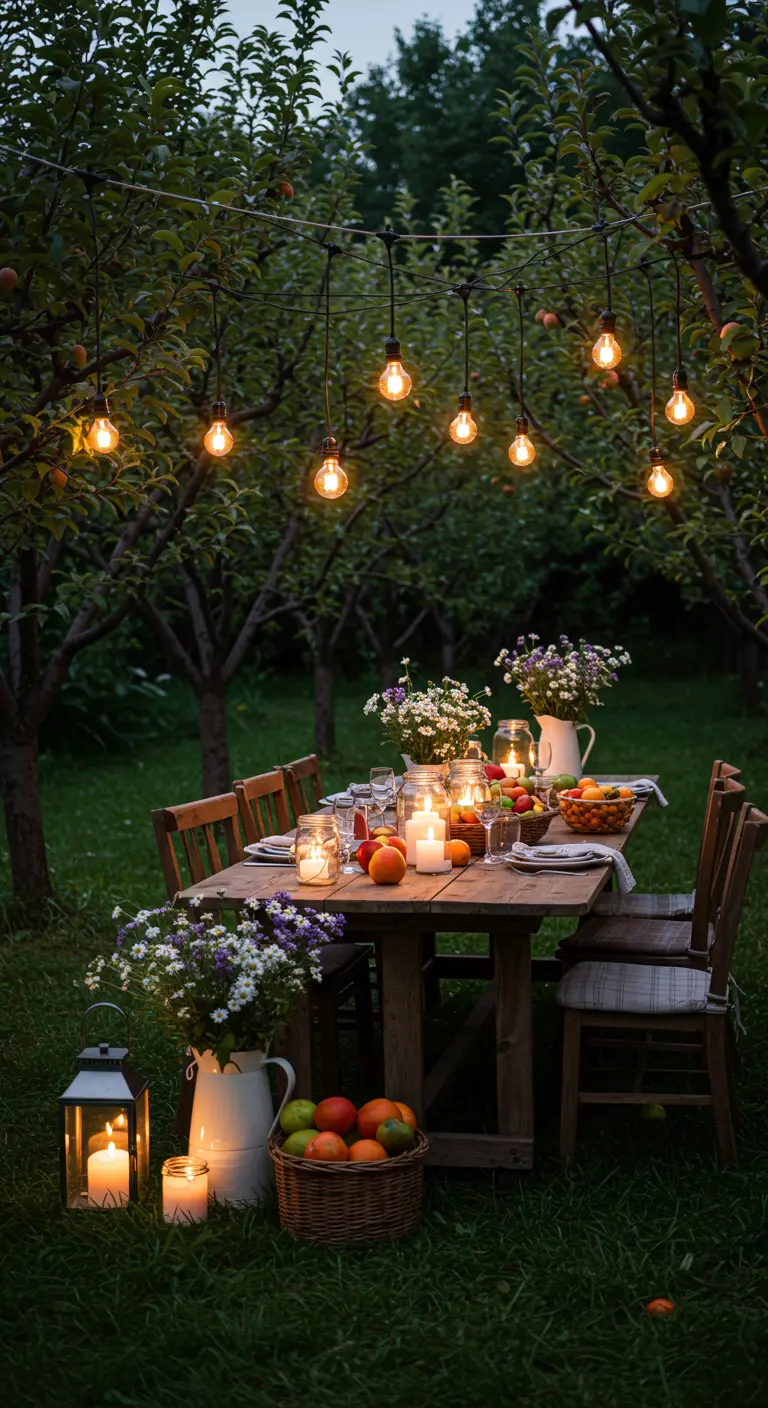 Tuintafel in boomgaard met peertjeslampen, fruit en veldbloemen.