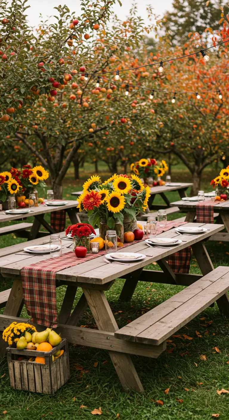 Picknicktafels in boomgaard met zonnebloemen, appels, en geruite lopers.