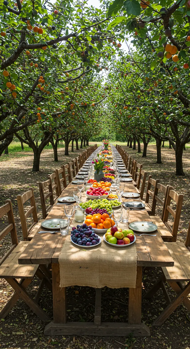 Lange houten tafel in boomgaard vol schalen met vers fruit en houten stoelen.