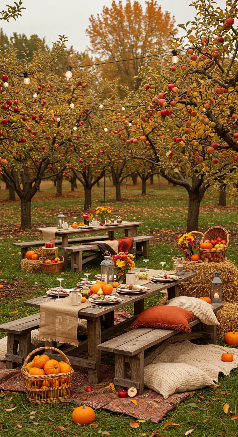 Herfstdiner in appelboomgaard met lichtslingers, pompoenen en rustieke tafels.