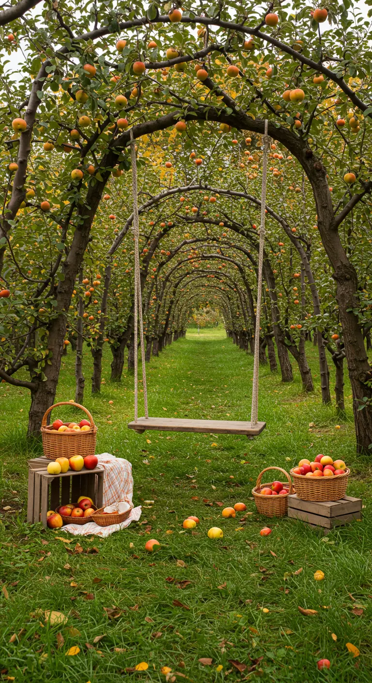 Houten plankenschommel onder een natuurlijke tunnel van fruitbomen in een boomgaard.
