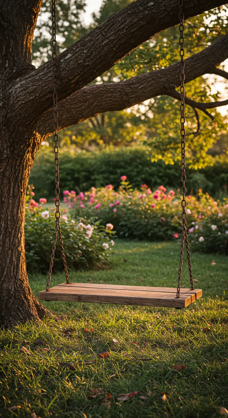 Houten plank schommel met kettingen onder een boom, met bloeiende bloemen op de achtergrond.