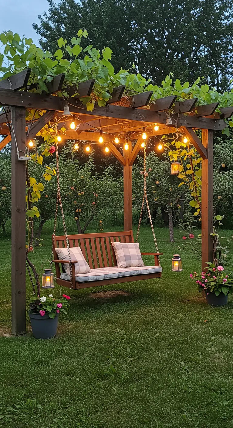 Houten pergola met wijnranken, schommelbank, lichtslingers en een appelboomgaard op de achtergrond.