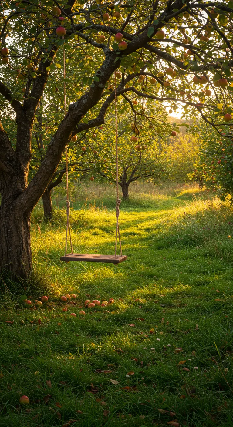 Houten plankschommel hangend aan een fruitboom in een zonovergoten boomgaard.