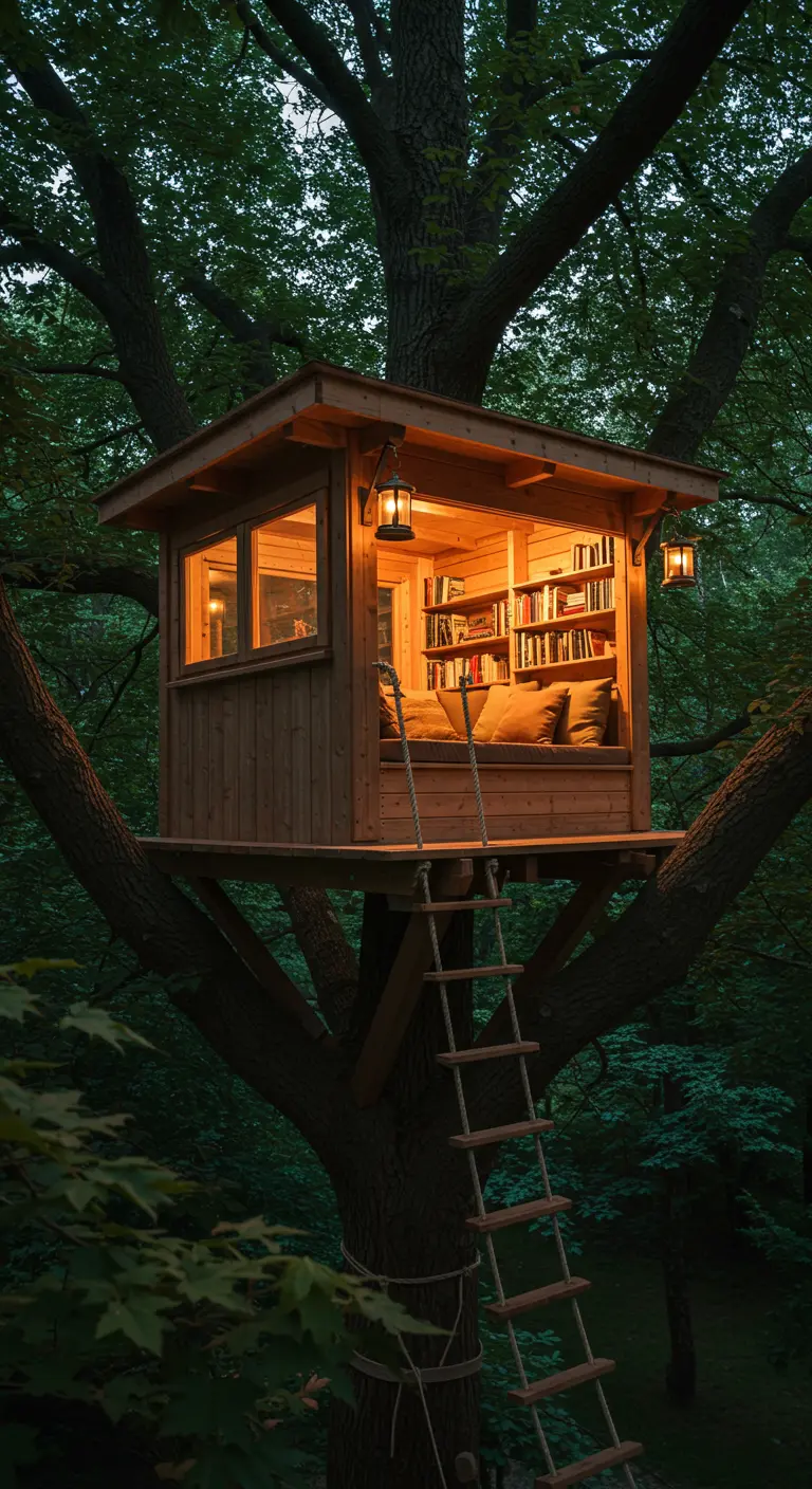 Houten boomhut 's avonds verlicht, met boekenplanken en een knusse bank binnen.