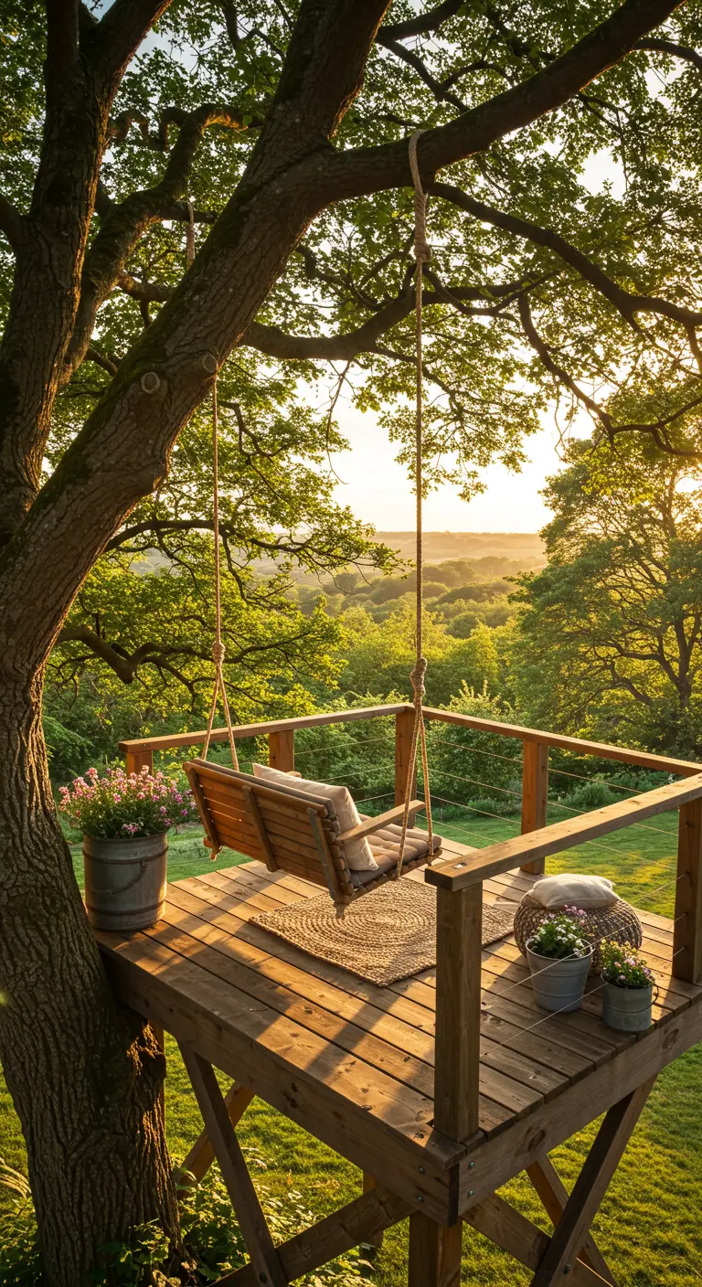 Houten schommelbank op een verhoogd platform in een boom, uitkijkend over een landschap bij zonsondergang.