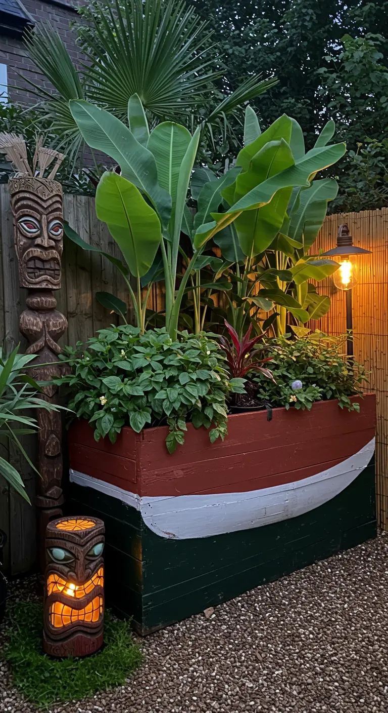 Helft van een oude boot, geverfd en gebruikt als grote plantenbak voor tropische planten.