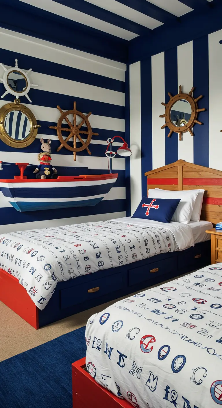Hoofdbord in de vorm van een halve boot in een nautische kinderkamer met gestreepte muren.