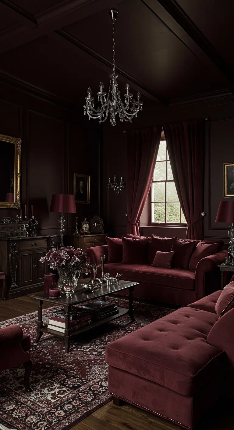 Luxe, donkere woonkamer in bordeauxrood en wijnrood met klassieke meubels en kroonluchter.