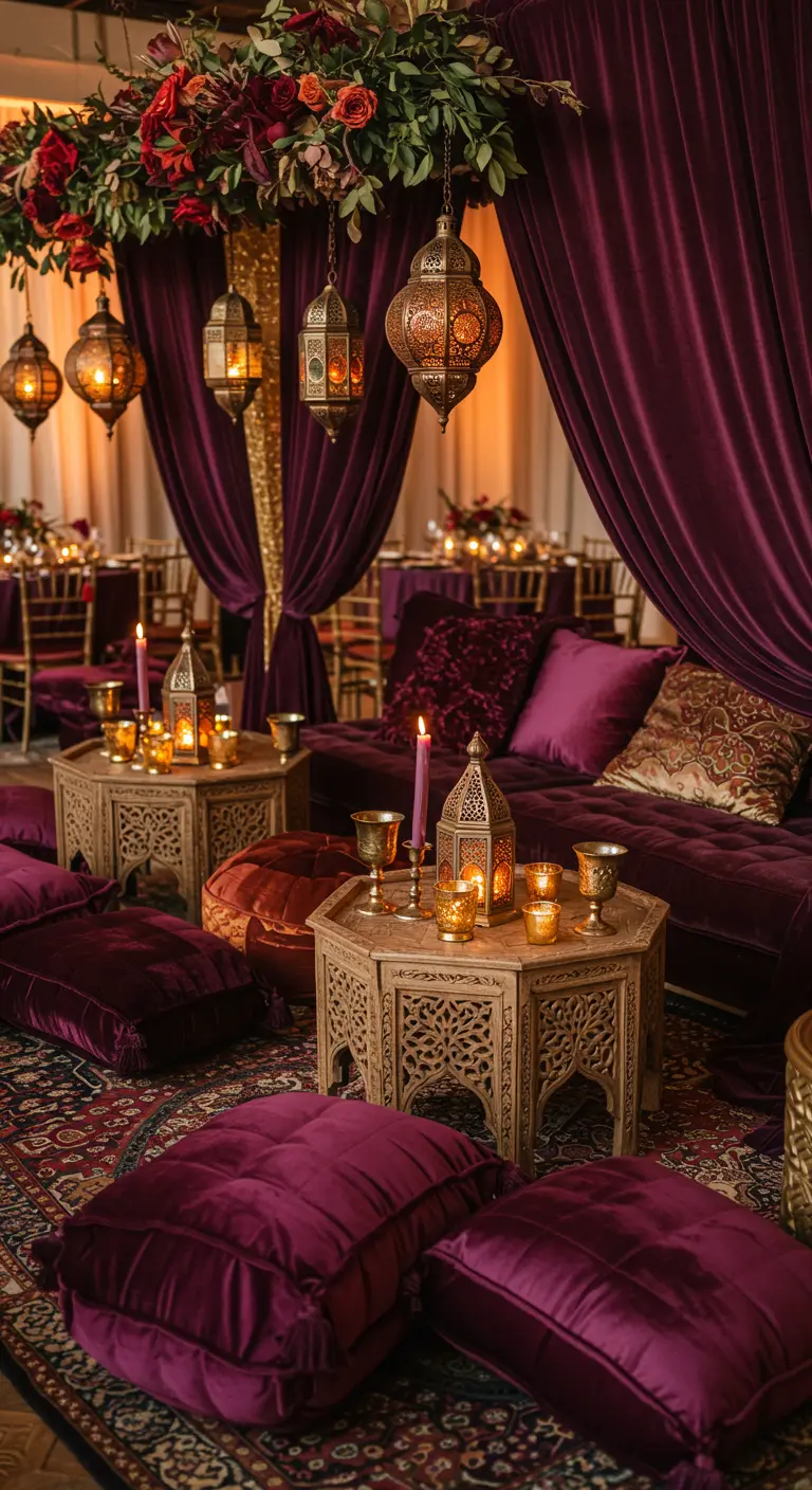 Lounge in Marokkaanse stijl met bordeauxrode fluwelen kussens en gouden lantaarns.